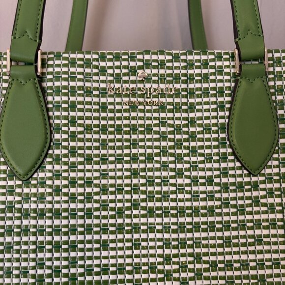 Kate Spade Ellie Green and White Woven Patterned Large Tote - Picture 2 of 10